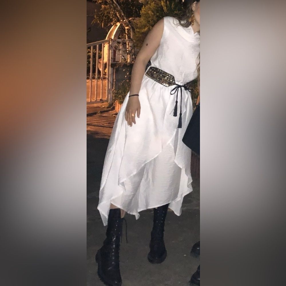 Draped Sleeveless Asymmetrical White Maxi Dress with Embellished Waist Tie
